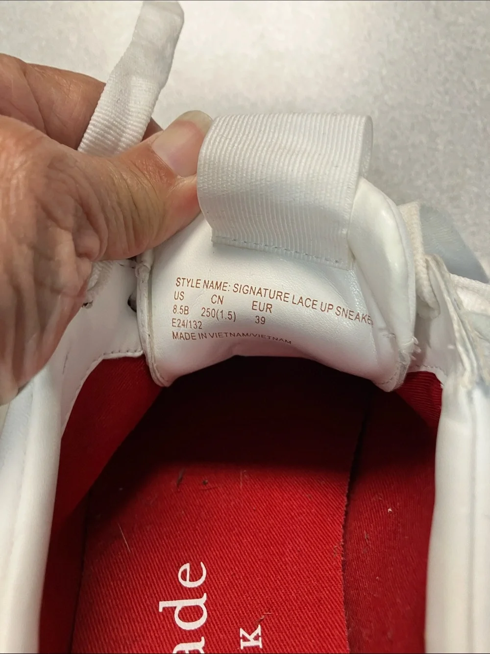 kate spade White Leather Sneakers with Red Side Stripe and Pink Heel Tab